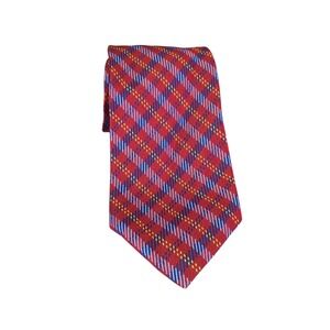 Hickey Freeman Mens Red Blue Plaid 100% Silk Necktie Handmade USA Italian Fabric